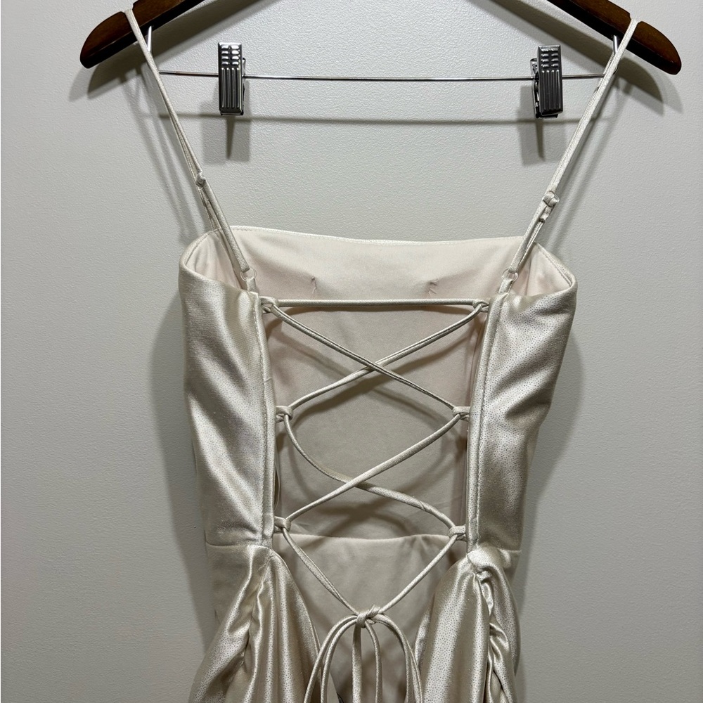 Next Up Lace Up Back Ruched Mini Dress Gold Shimmer Formal Size Medium - Picture 7 of 12